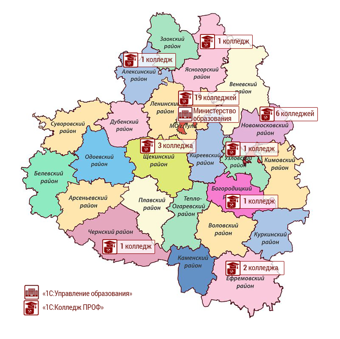 Территориальное распределение автоматизированных колледжей Тульской области
